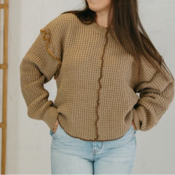 New In Mocha Tan Brown Exposed Seam Stitching Drop Shoulder Waffle Sweater S - Picture 1 of 9